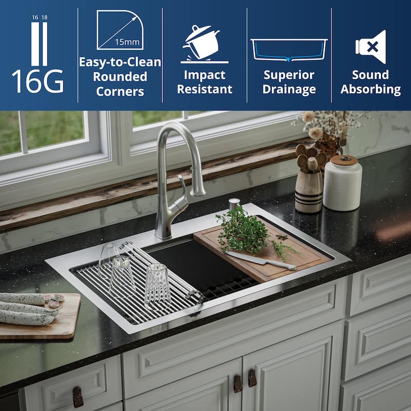 Karran Elite WST-23-PK1 Top Mount 33" Single Bowl Stainless Steel Workstation Kitchen Sink