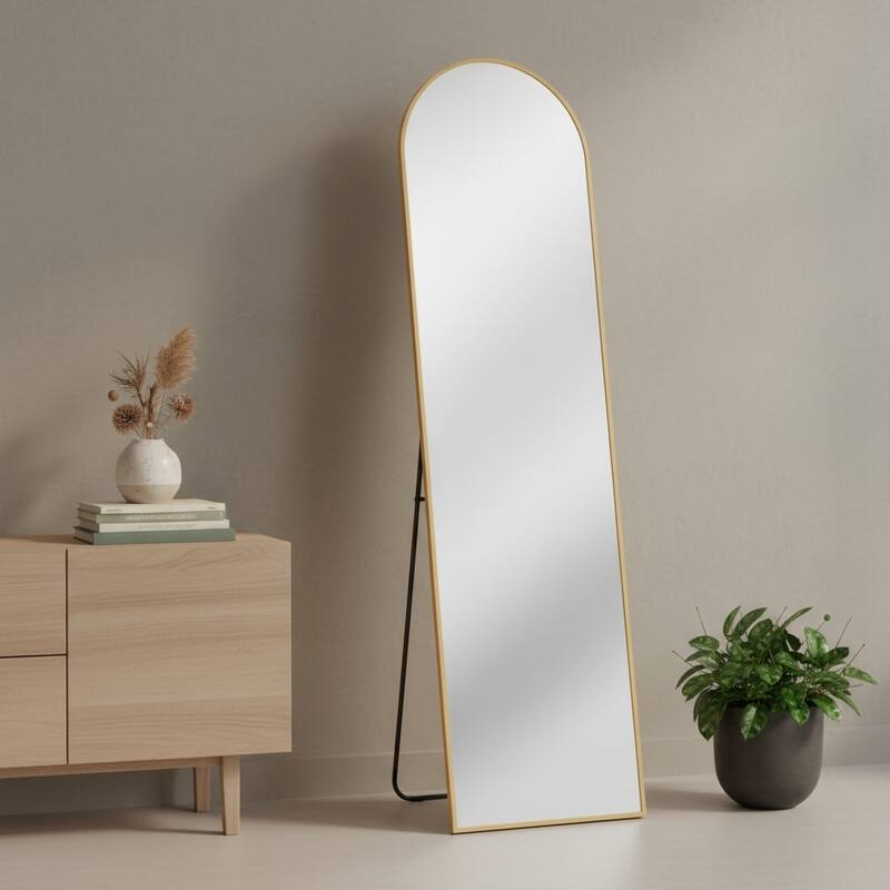 HomeRoots 59" Gold Metal Arch Freestanding and Wall Mount Framed Full Length Mirror - 16.00 in. x 59.00 in. x 0.50 in. - 16.00 in. x 59.00 in. x 0.50 in.