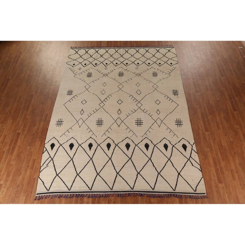 Moroccan Oriental Area Rug Hand-Knotted Beige Geometric Wool Carpet - 8'10"x 12'5"