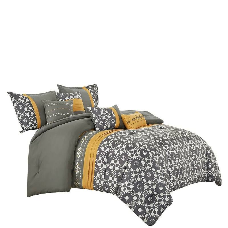 7 Piece Grey Gold Geometric Comforter Set Embroidery Soft Bedding