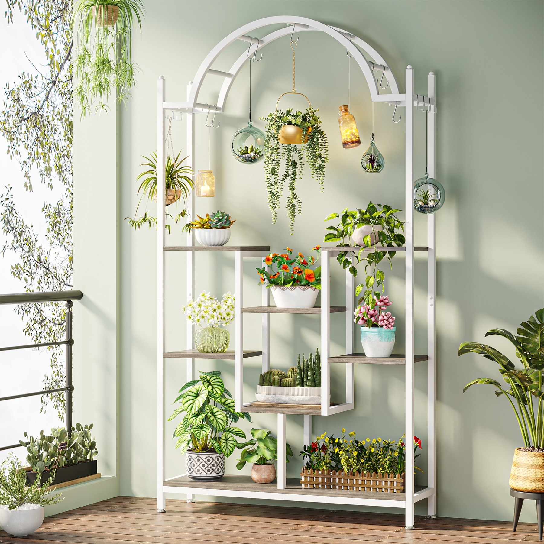 5-tier Tall Indoor Plant Stand with Hanging Hooks - Bed Bath