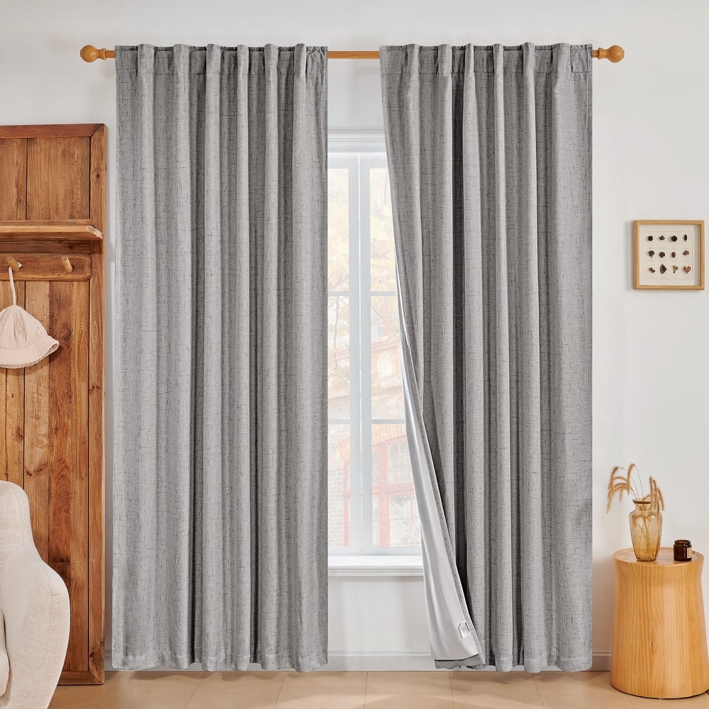 Living Room Curtains Back Tab Rod Pocket Faux Linen Blackout 2 Panels
