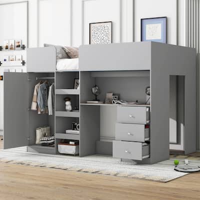 Full Size Solid Wood Loft Bed with Built-in Wardrobe, Desk, Storage Shelves and Drawers