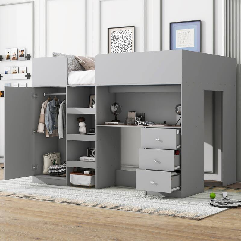 Full Size Solid Wood Loft Bed with Built-in Wardrobe, Desk, and Shelves - Grey