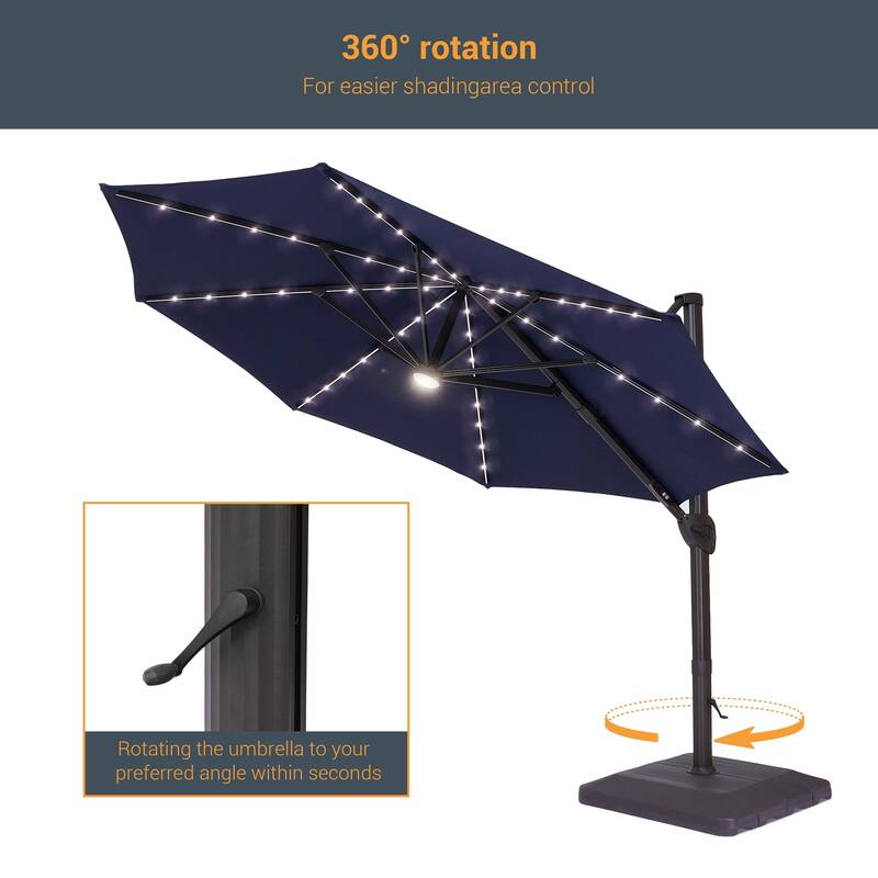 LIVOOSUN 11Ft LED Patio Hanging Octagon Cantilever Umbrella with 360-degree Rotating Canopy