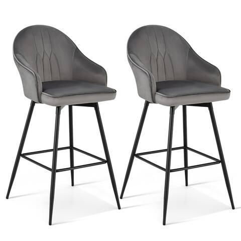 Gymax Set of 2 Velvet Bar Stools Swivel Pub Height Dining Chairs w/