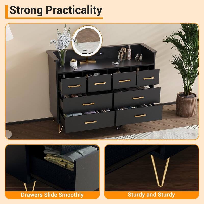 Tall Dresser for Bedroom with Charging Station & RGB Lights - 8 Drawer Wooden