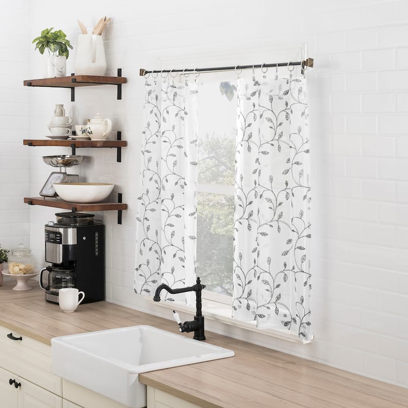 No. 918 Francine Embroidered Foliage Semi-Sheer Rod Pocket 2-Piece Kitchen Curtain Tier Pair - 54" x 36"