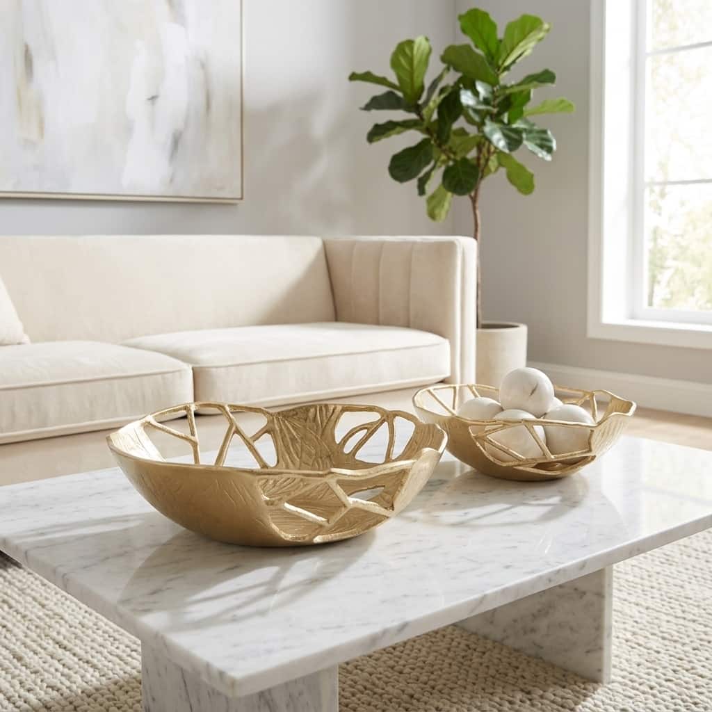 Modern Openwork Metal Decorative Bowl - Set of 2, 15", 12", Gold - 15.0"