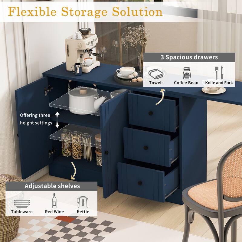 Wooden Sideboard with Extendable Table, Multifunctional Storage Cabinet with 2 Doors and 3 Drawers for Living Room