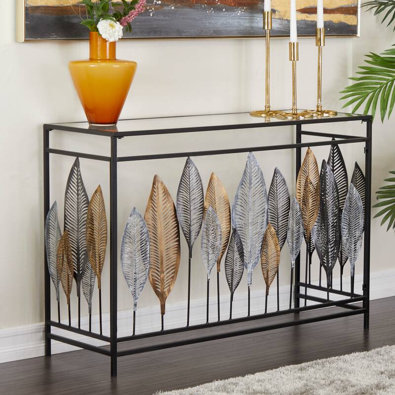 Metal Leaf Rectangular Console Table with Mirrored Glass Top and Gold Accents - Silver, Black or Gold - Roche River Decor