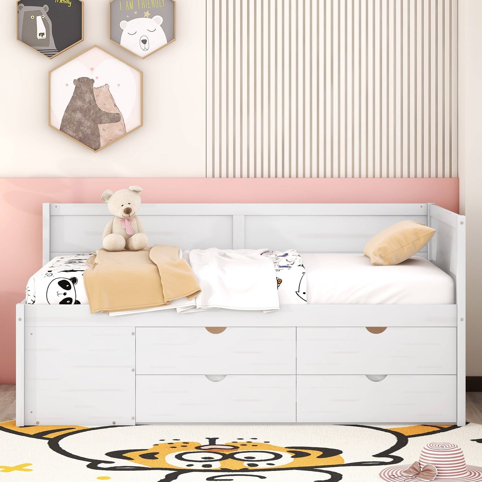 Wooden Storage Daybed with Drawers and Shelves