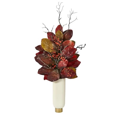 38" Autumn Magnolia Leaf with Berries Plant in Cream Planter
