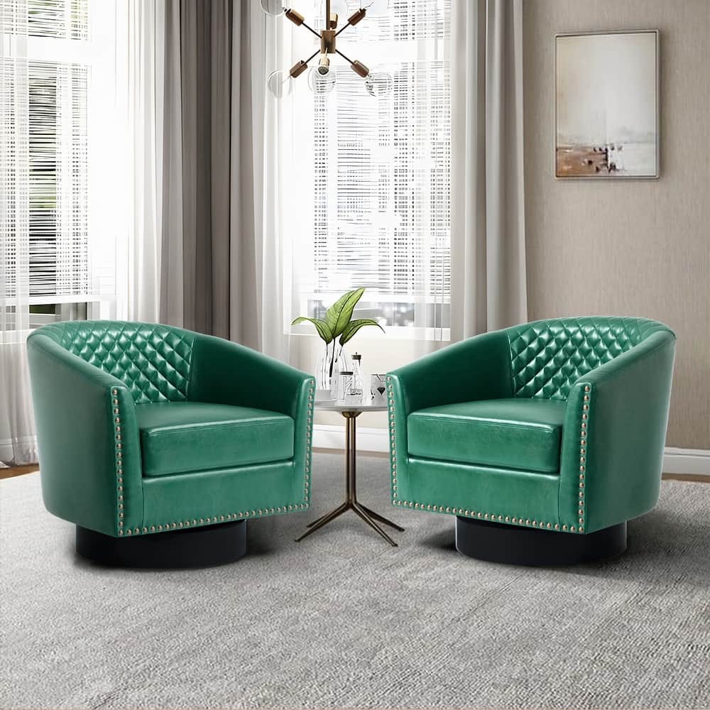 2 Set Tufted PU Vegan Leather Swivel Barrel Chair with Nailheads Trim