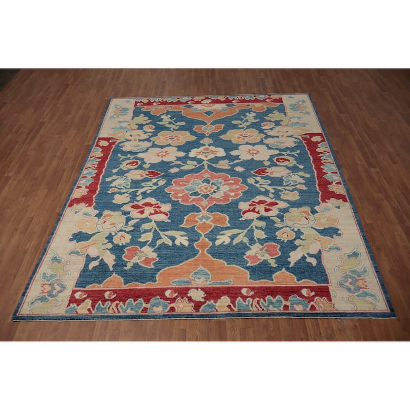 Hand Knotted Oriental 100% Wool Carpet Transitional All-Over Navy Blue & Blues Oushak Area Rug - 9' 10'' X 8' 2''
