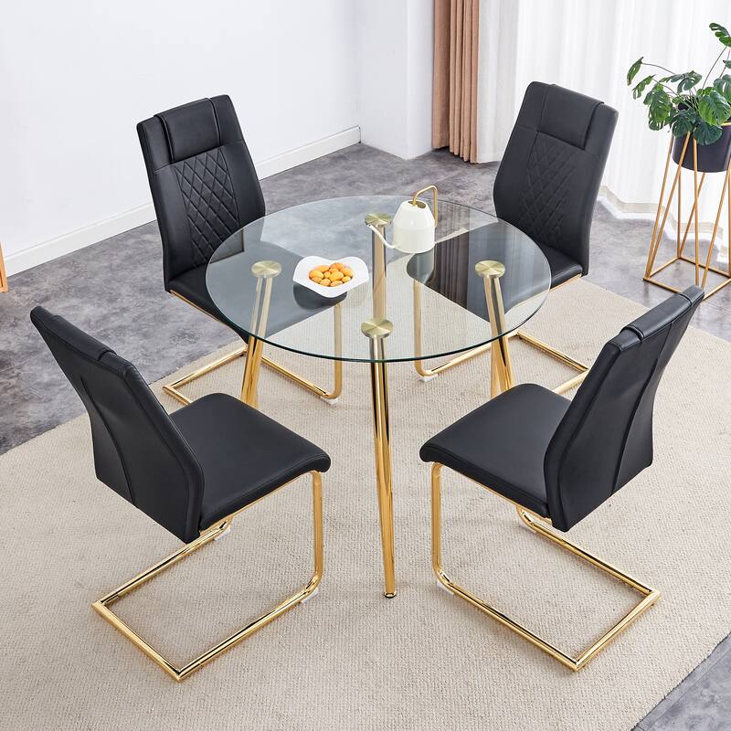 5 Piece Tempered Glass Dining Table Set for 4, Modern Round Table with 4 Upholstered Chairs for Kitchen, Office Conference Room