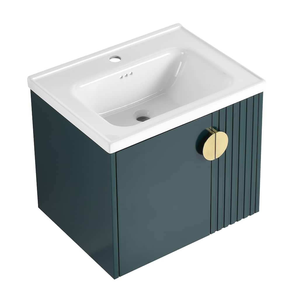 Modern Wall-Mounted Bathroom Vanity with Ceramic Sink, Soft-Close Doors, and 3 Pairs of Metal Handles for Customization