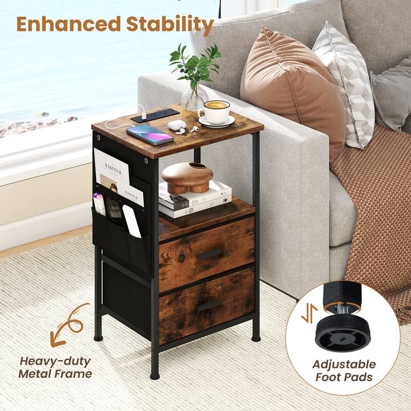 Gymax End Table w/Charging Station 2 Folding Fabric Drawers 6 Side