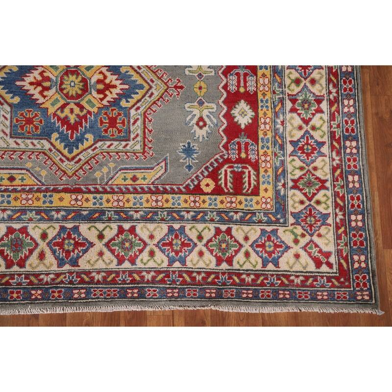 Hand Knotted Oriental 100% Wool Carpet Traditional Geometric Greys & Charcoal Kazak Area Rug - 9' 10'' X 6' 6''