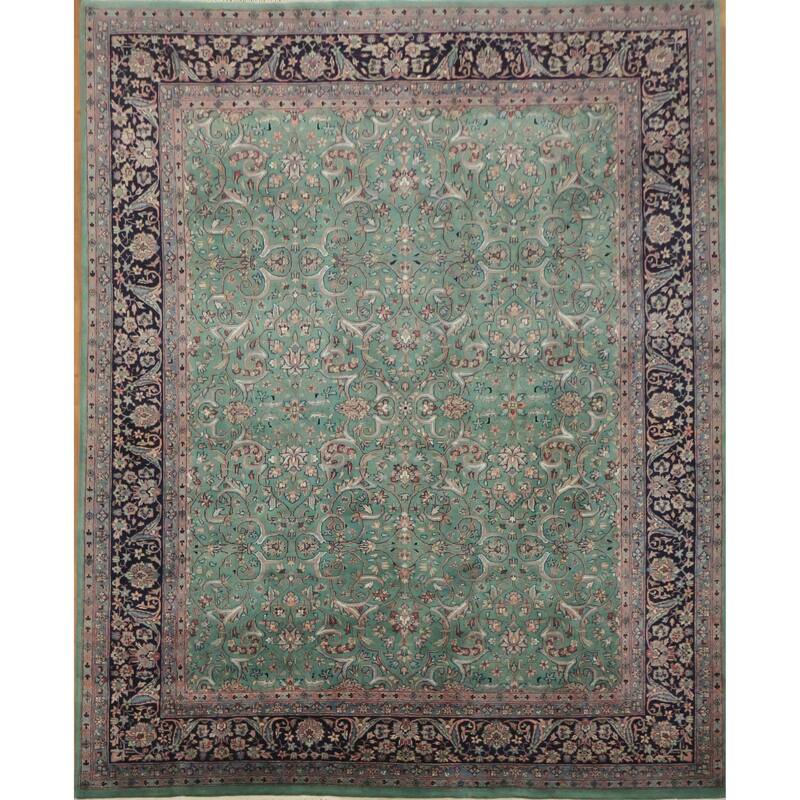 Hand Knotted Oriental 100% Wool Carpet Traditional All-Over Green Kashan Area Rug - 9' 11'' X 8' 1''