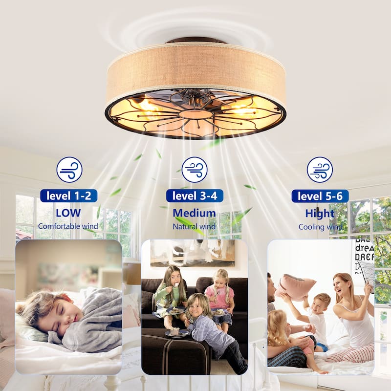 20" Lotus Design Fabric Farmhouse Bladeless Ceiling fan With Remote Control For Living room, Bedroom,Kitchen