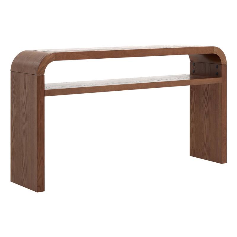 59.4" 2-Tier Curved Long Console Table with Solid Oak Wood Veneer - 59.45"L x 13.78"W x 32.87"H