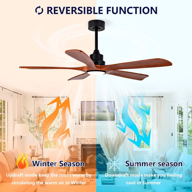 52 Inch Indoor Ceiling Fans With Lights and Remote Control, Dimmable LED, 5 Solid Wood Blades,Reversible DC Motor