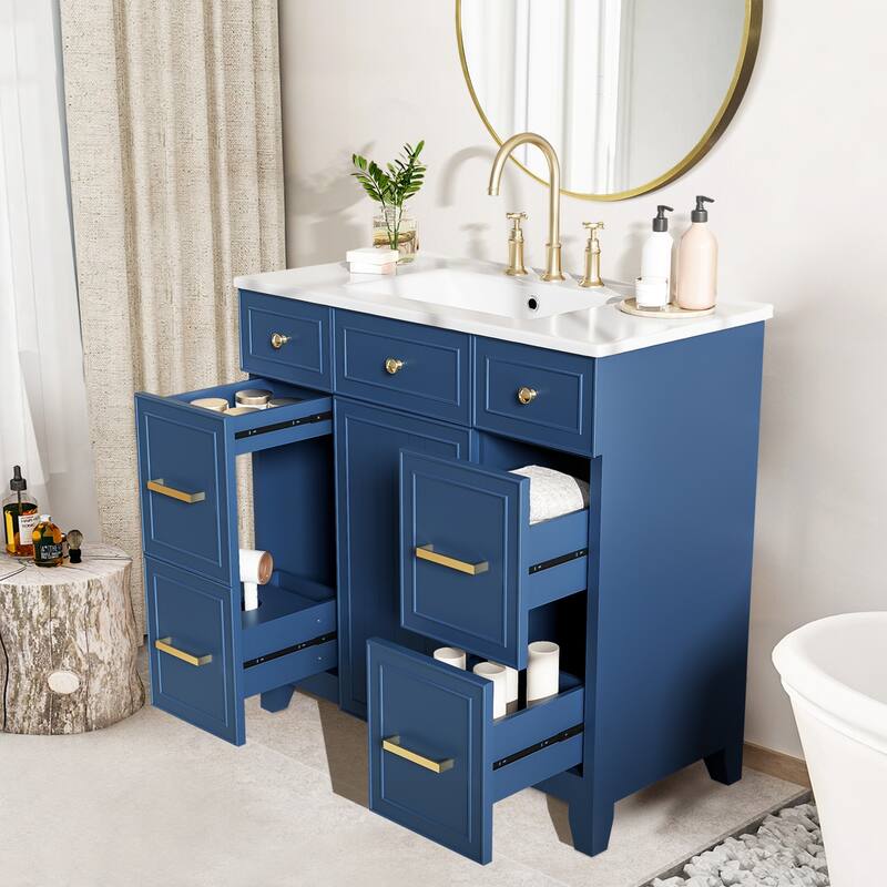 36" Bathroom Vanity with Ceramic Sink,Solid Wood Frame