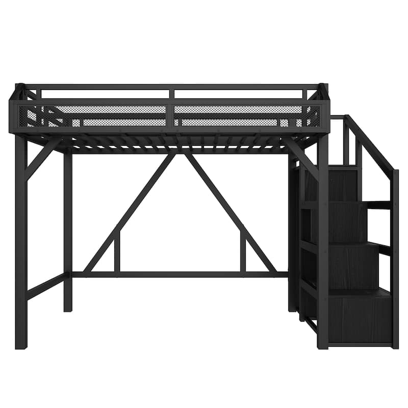 Twin XL/Twin Metal Loft Bed with Storage Stairs, Wardrobe, USB Ports & LED Lights