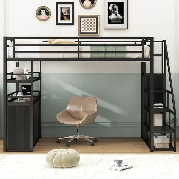 slide 2 of 19, Full Size Metal Loft Bed with Storage Staircase and Wardrobe,Shelves and Lockers Black