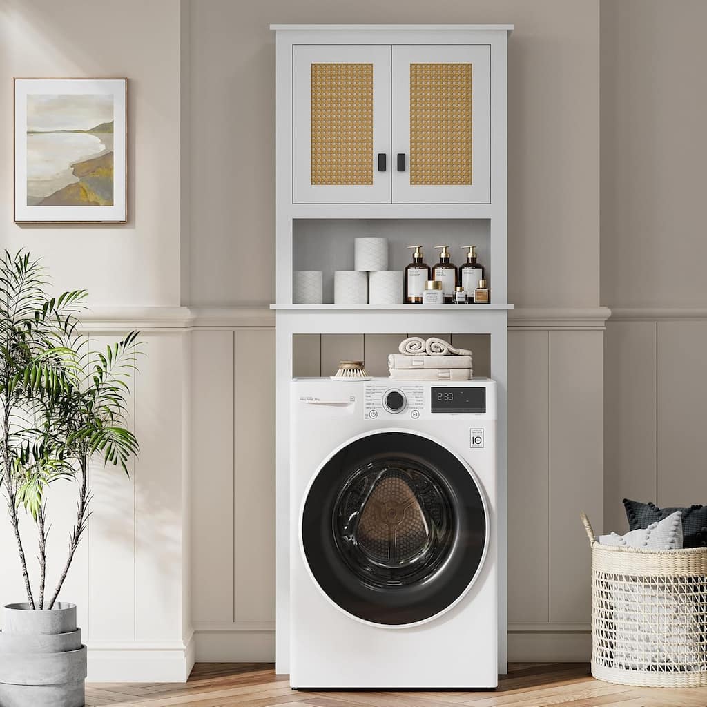 Over The Toilet Storage Cabinet with Rattan Door and Adjustable Shelf