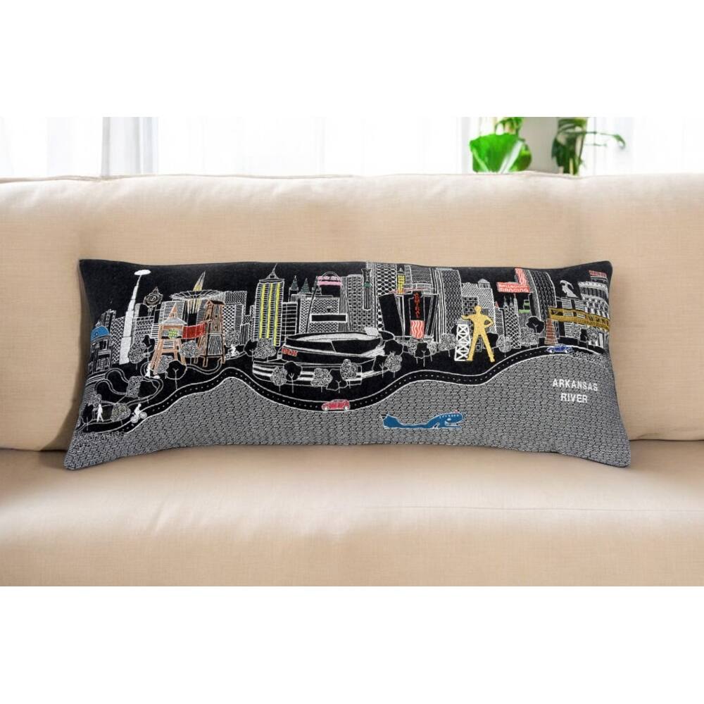 HomeRoots 35" Black Tulsa Nighttime Skyline Lumbar Decorative Pillow