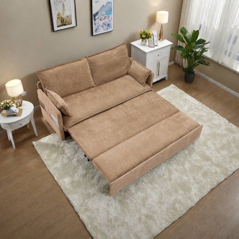 59.5" Corduroy Convertible Sofa Bed with Pull-Out Sleeper, USB/C-Type Charging Ports, and Side Storage