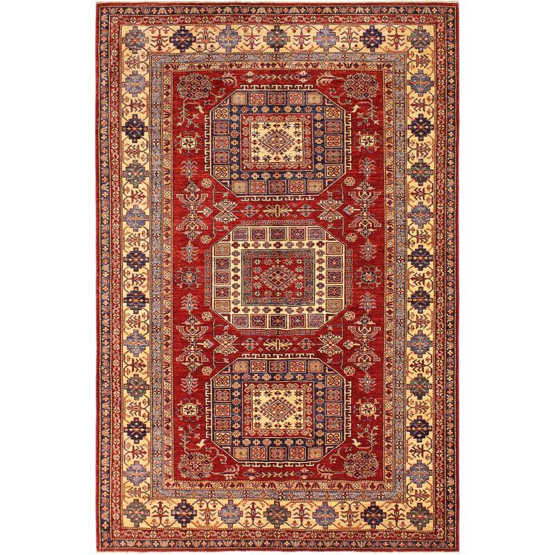 Rustic Super Kazak Sariyah Red/Tan Hand Knotted Wool Rug - 6'8'' x 9'11''