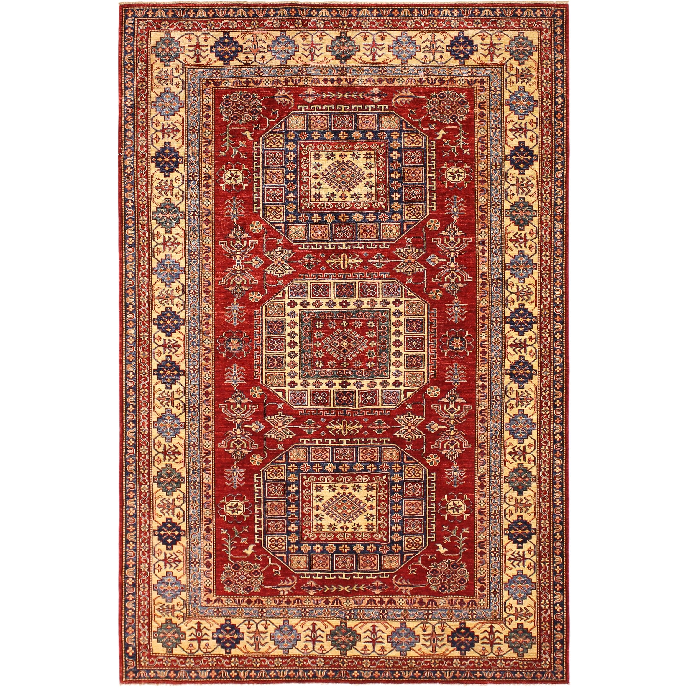 Rustic Super Kazak Sariyah Red/Tan Hand Knotted Wool Rug - 6'8'' x 9'11''