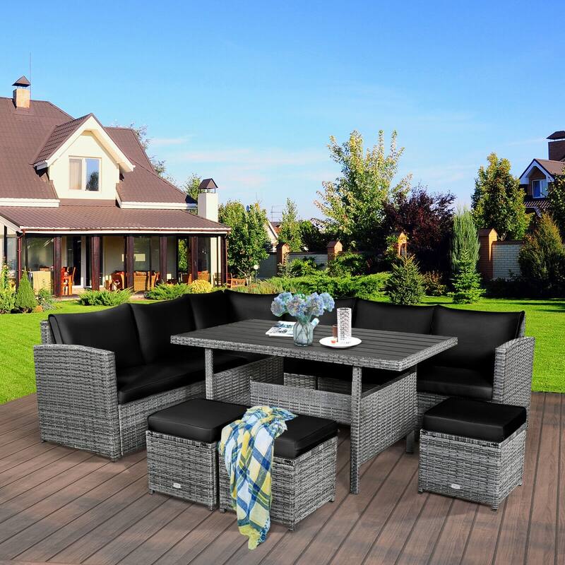7 Pieces Patio Rattan Dining Furniture Sectional Sofa Set with Wicker Ottoman - Table: 52" x 30" x 26"