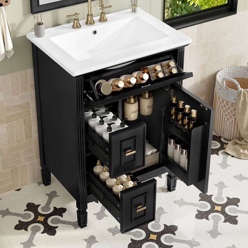 GDFStudio - Benjamin Hawthorne Modern Freestanding Bathroom Vanity with Flip Drawer Storage - Black - 24"