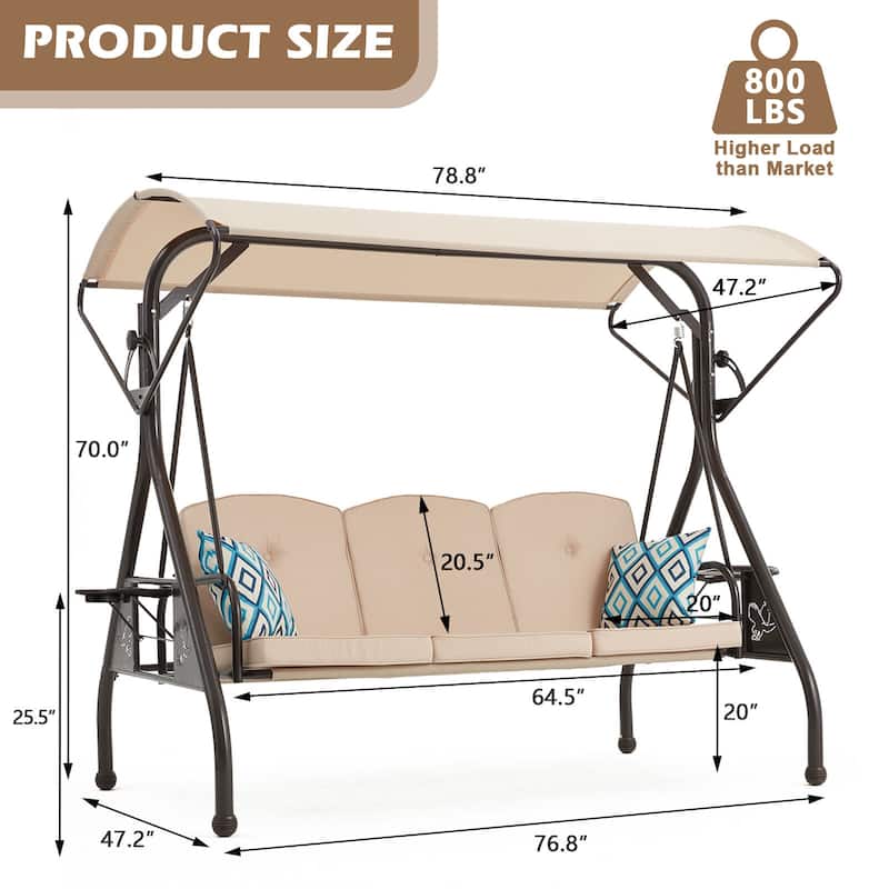 3-Person Outdoor Patio Swing with Adjustable Canopy