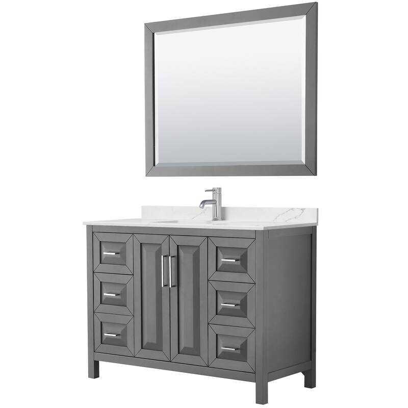 Daria 48-inch Single Vanity, Single Hole Quartz Top, 46-inch Mirror - Dark Gray, Chrome Trim, Giotto Quartz Top