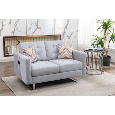 53.5" Light Gray Linen Fabric Loveseat With Metal Legs
