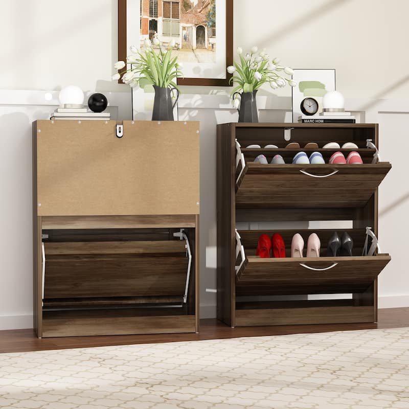 Timechee 8 Pair Shoe Storage Cabinet with 2 Drawers, Wood Louver Door