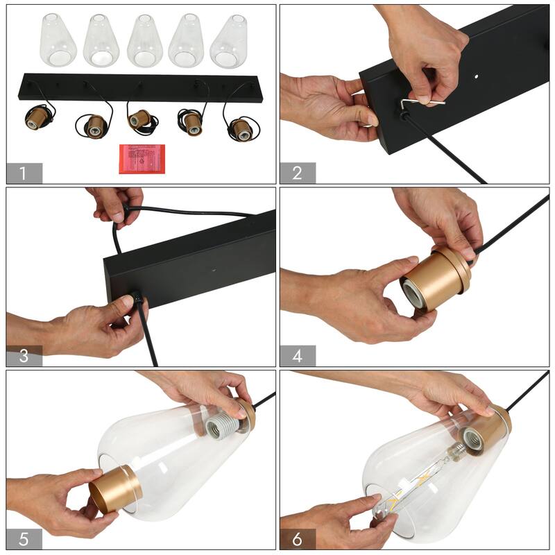 Modern Farmhouse 5-Light Black Gold Chandelier Linear Design with Clear Glass Kitchen Island Light for Dining Room