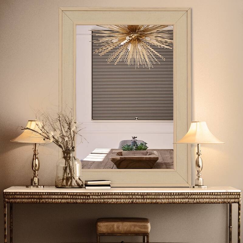 Faux Wooden Frame Rattan Farmhouse Style Rectangle Wall Mirror