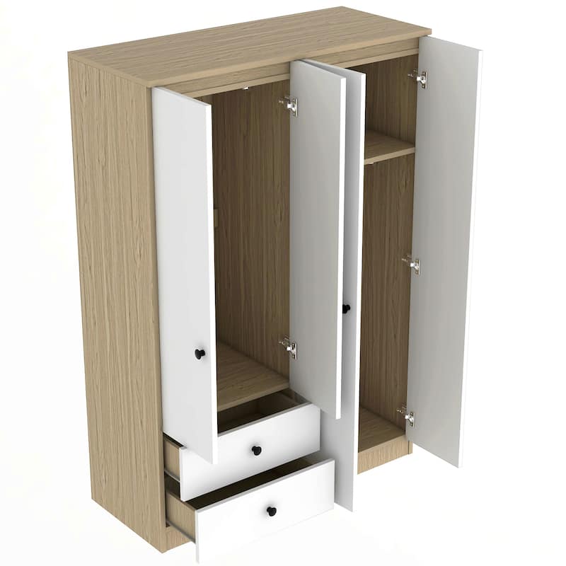 Wooden Bedroom Wardrobe with Hanging Rods & Drawers, 4-Door Armoire Closet Storage Cabinet for Home Organization, White+Natural