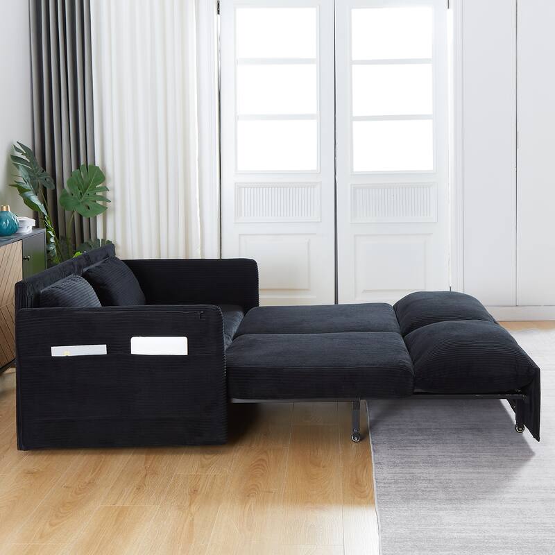 3-in-1 Adjustable Sleeper Sofa Bed Corduroy Loveseat Couch with 2 Back Pillows, Detachable Armrest Pillows and Side Pockets