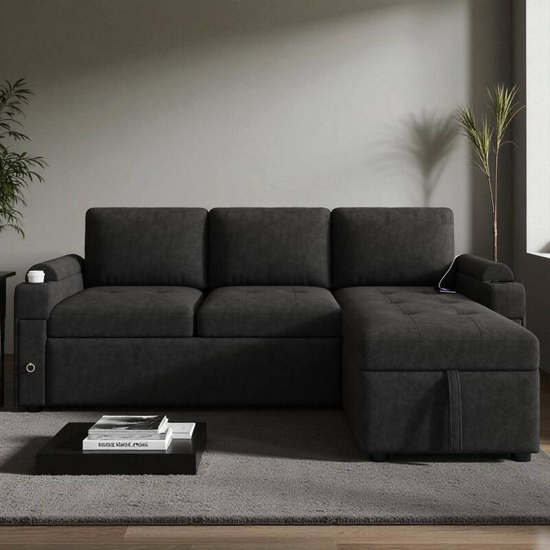 83.5" L-Shaped Convertible Sectional Sofa Bed with Storage Chaise Cup Holders USB Ports Chenille Couch for Living Room - Black
