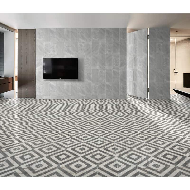 Roomfitters Waterjet Marble Tile for Floor and Wall, Polished Natural Stone, Genuine Marble, 8-Piece Box, White Gray