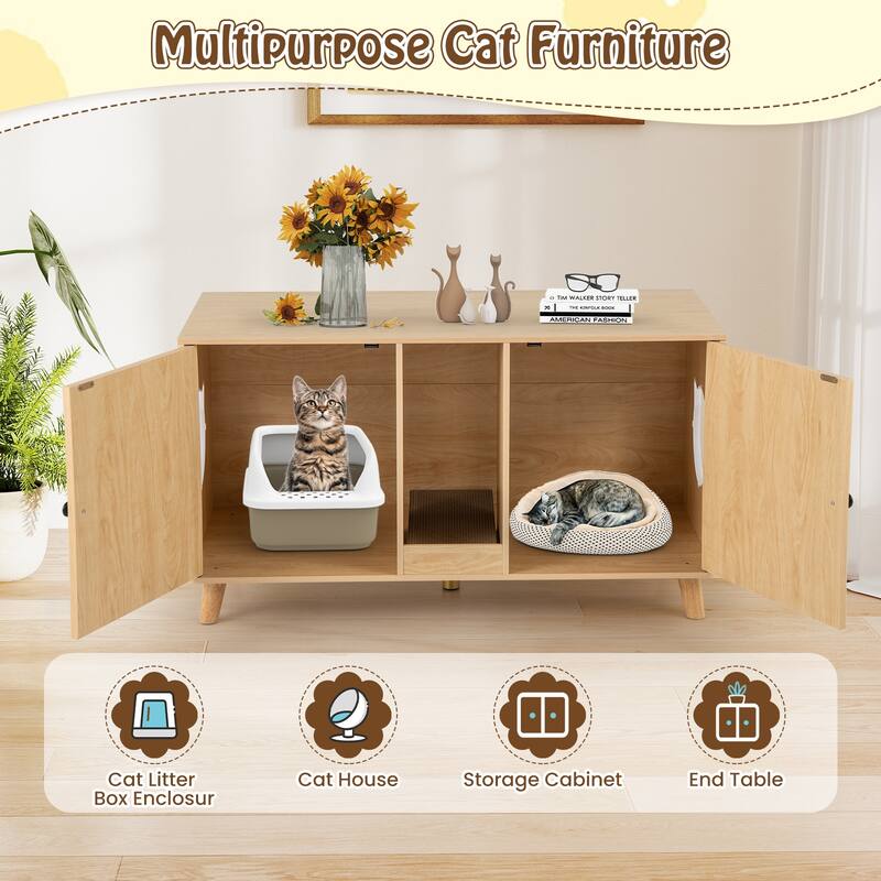 Gymax 43'' Cat Litter Box Enclosure for 2 Cats w/ Double Rooms 2 Sisal