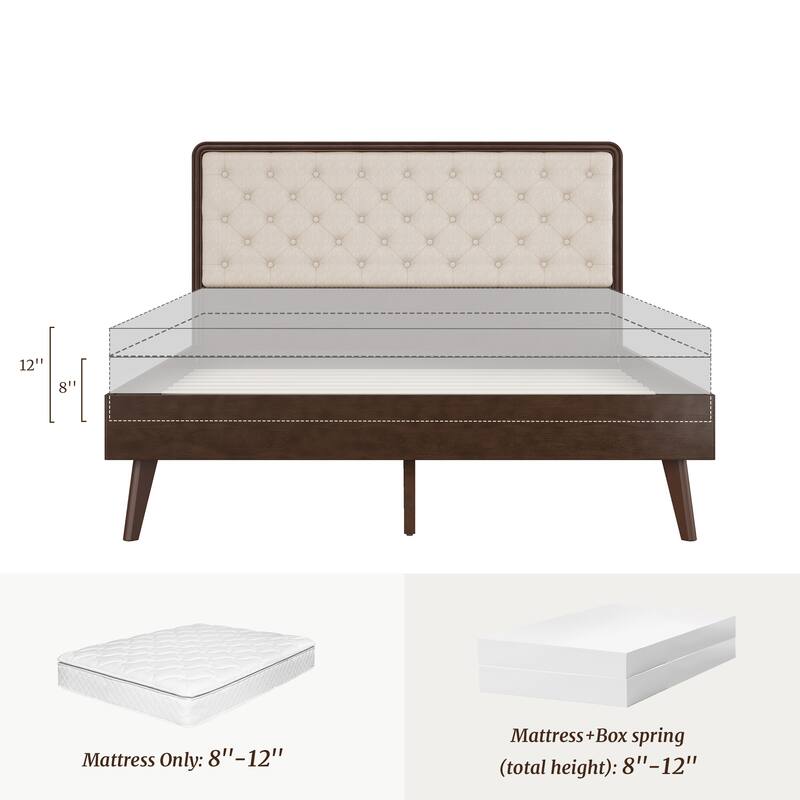 LUE BONA Solid Wood Panel Platform Bed with Button Tufted Headboard, Multi-Size wooden Rustic Bed Frame Bedroom Furniture