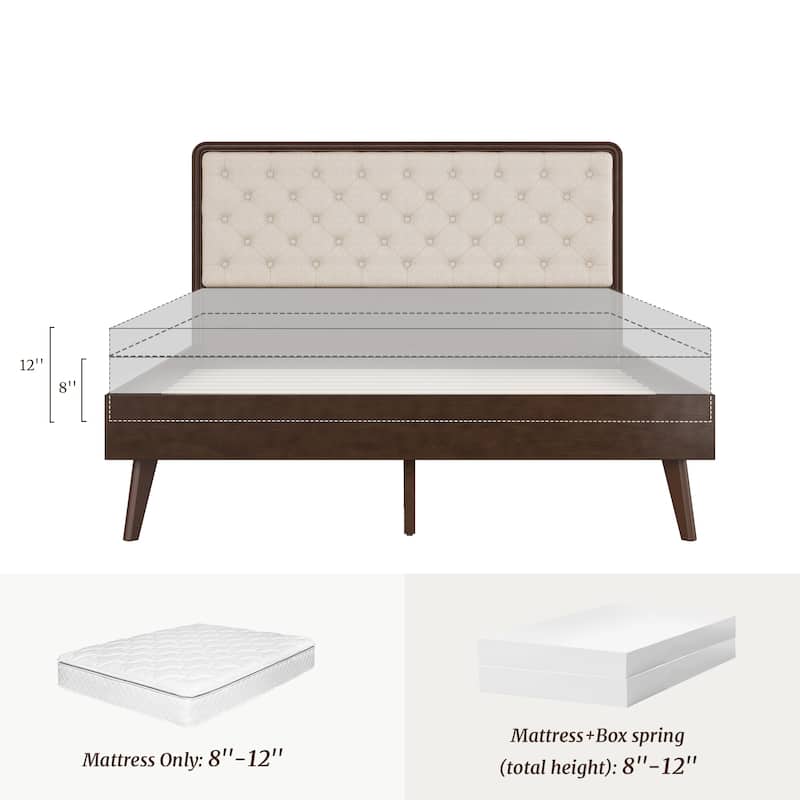 Solid Wood Full/Queen/King Size Platform Bed Frame with Upholstered Tufted Headboard